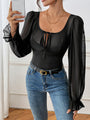 Winnie Party Sexy Elegant Style Mesh Long Sleeve Square Neck Black Bodysuit