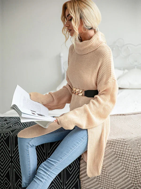 Jersey City New casual split-hem turtleneck solid color sweater