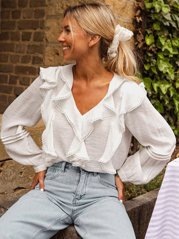 Englewood French country style white lace ruffle V-neck shirt