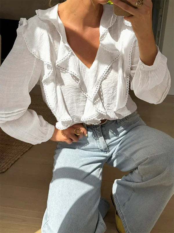 Englewood French country style white lace ruffle V-neck shirt