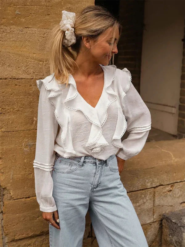 Englewood French country style white lace ruffle V-neck shirt