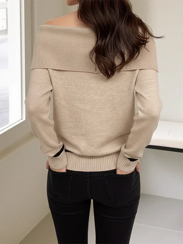 Hoboken elegant diamond-pattern jacquard off-shoulder loose sweater