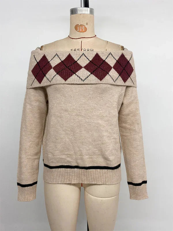Hoboken elegant diamond-pattern jacquard off-shoulder loose sweater