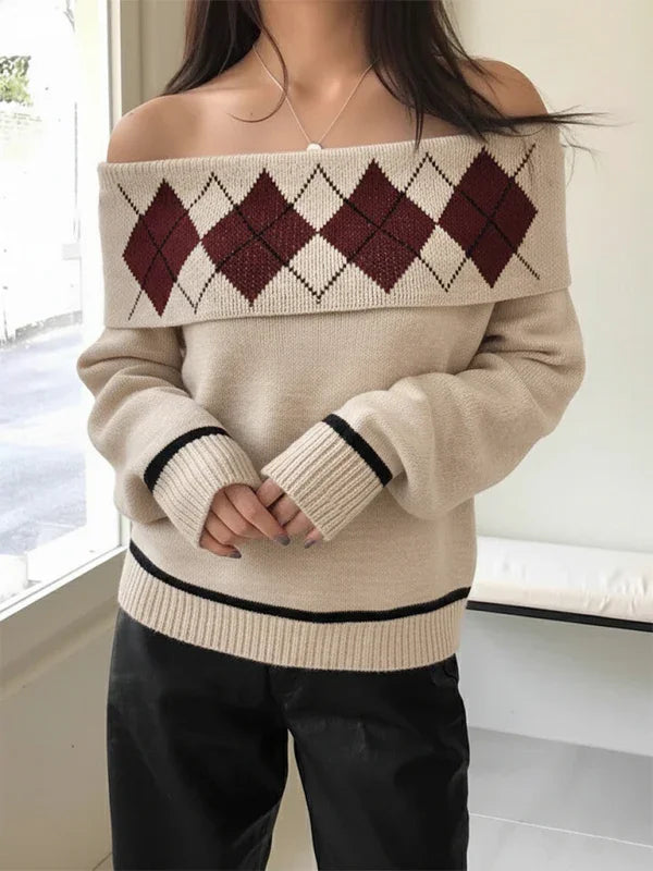 Hoboken elegant diamond-pattern jacquard off-shoulder loose sweater