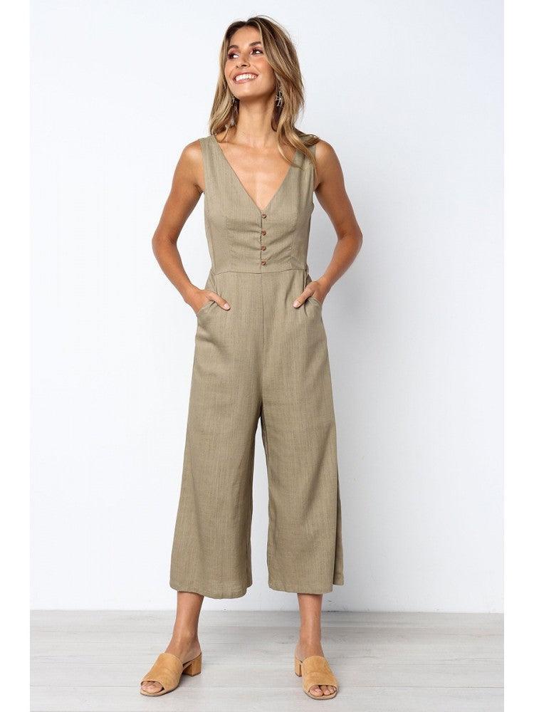 Isabella V-Neck Pure Color Jumpsuit