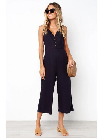 Isabella V-Neck Pure Color Jumpsuit