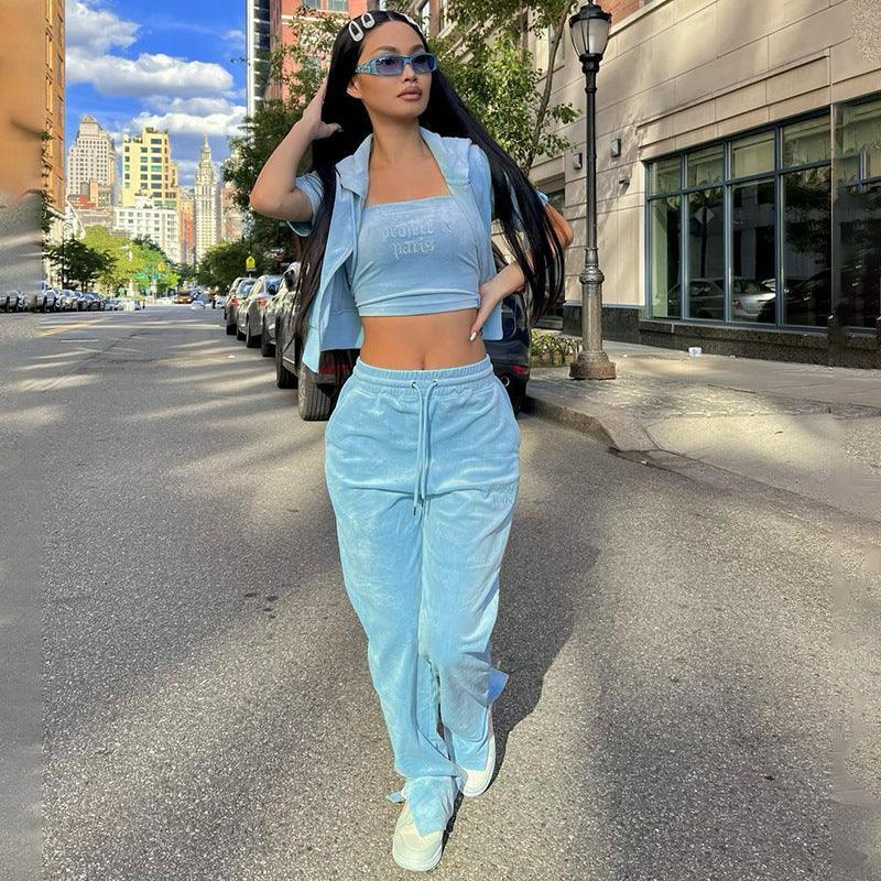 Isla Short Sleeve Fashionable Suede Three Piece Sets - Vestir en Moda