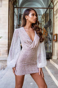 Jaquelin Sequin Bead Lantern Sleeve V neck Hip Sexy Dresses - Vestir en Moda
