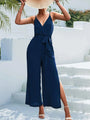 Jimena Tie Belt Spaghetti Strap Slit Jumpsuits - Vestir en Moda