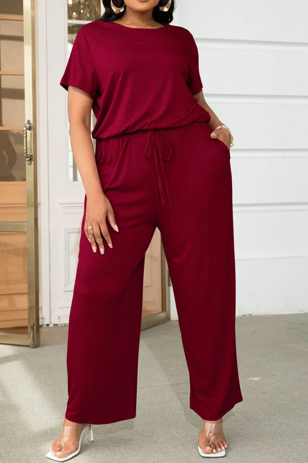 Jinairis Plus Size Drawstring Waist Short Sleeve Jumpsuits - Vestir en Moda