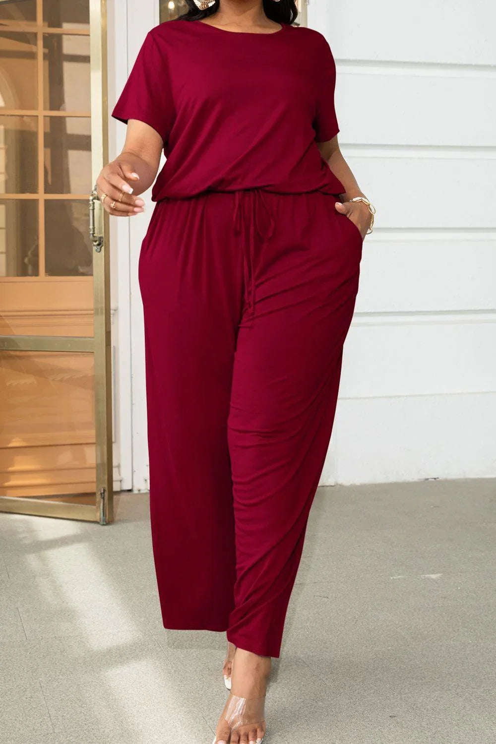 Jinairis Plus Size Drawstring Waist Short Sleeve Jumpsuits - Vestir en Moda