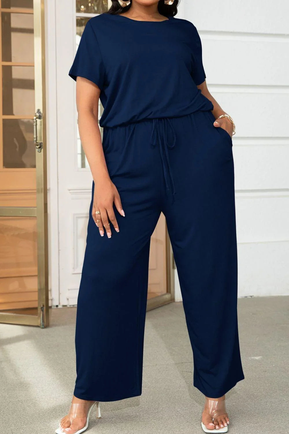 Jinairis Plus Size Drawstring Waist Short Sleeve Jumpsuits - Vestir en Moda