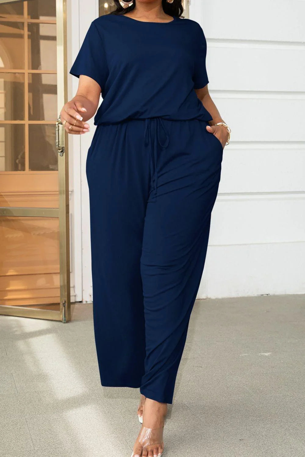 Jinairis Plus Size Drawstring Waist Short Sleeve Jumpsuits - Vestir en Moda