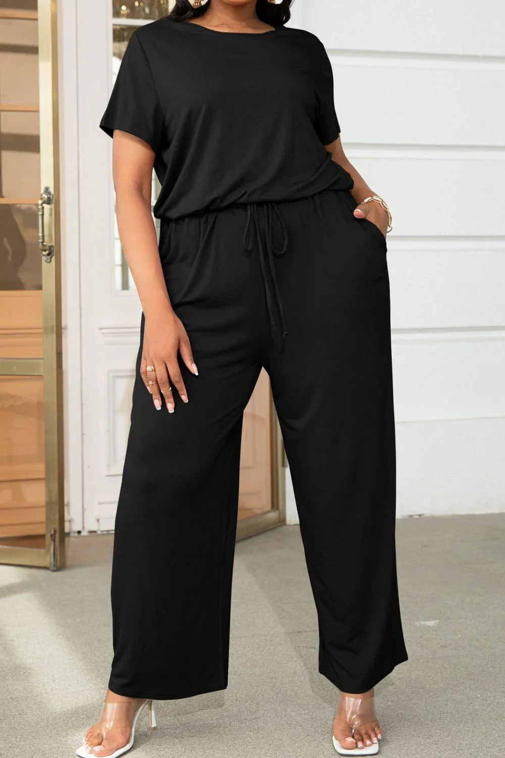 Jinairis Plus Size Drawstring Waist Short Sleeve Jumpsuits - Vestir en Moda