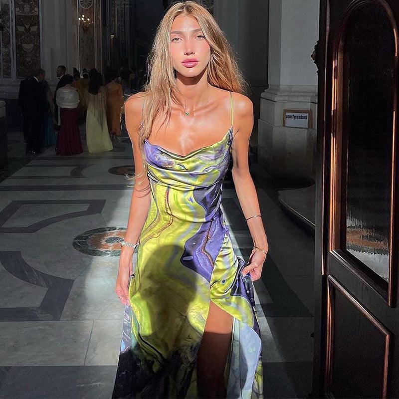 Jocelyn Maella Sexy Printing Slim Fit Slit Backless Maxi Dress - Vestir en Moda