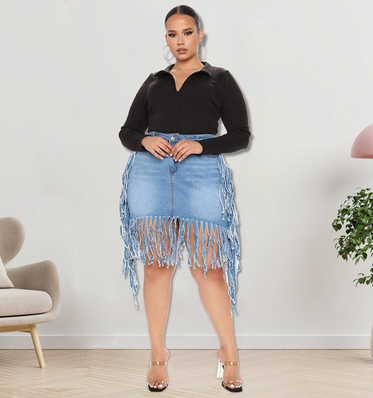 Josephine Plus Size Women Clothes Sexy Denim Skirt with Tassel - Vestir en Moda
