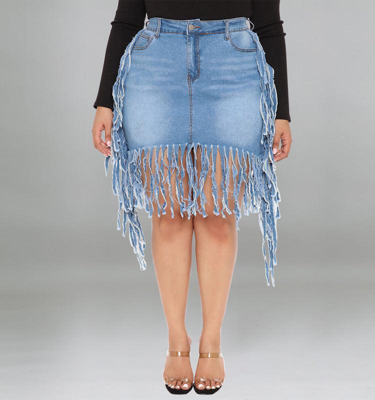 Josephine Plus Size Women Clothes Sexy Denim Skirt with Tassel - Vestir en Moda