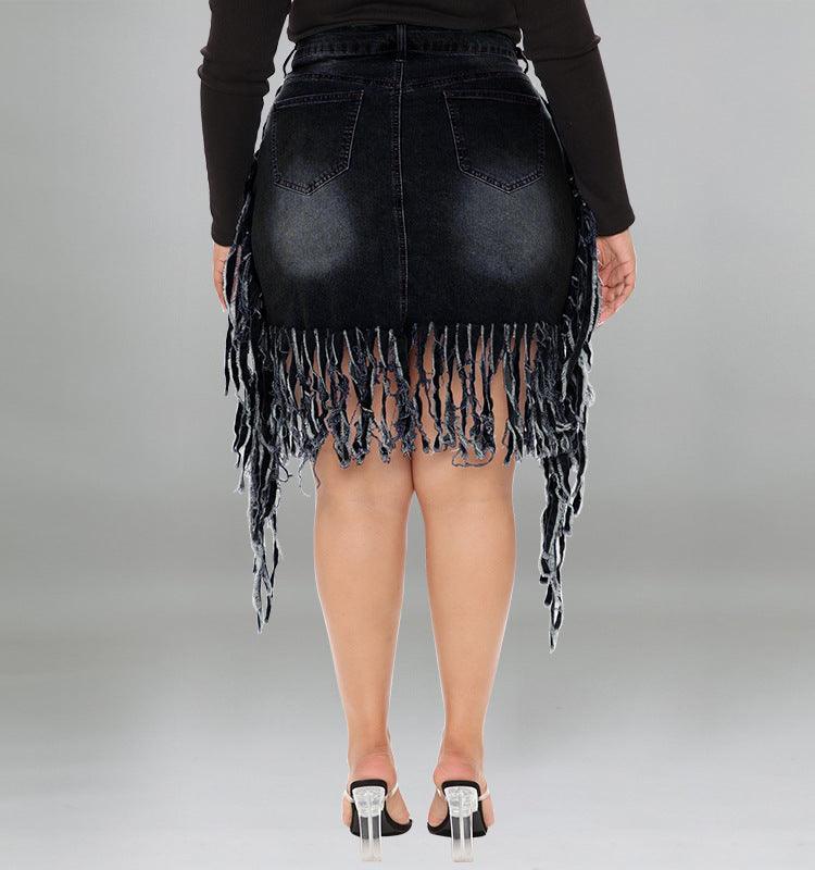 Josephine Plus Size Women Clothes Sexy Denim Skirt with Tassel - Vestir en Moda