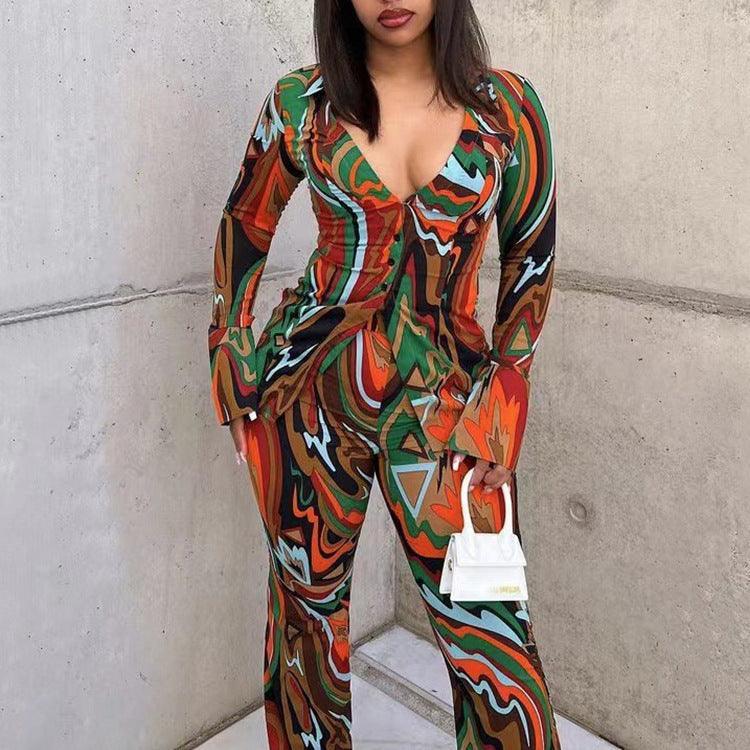 Josie Deep V Plunge Sexy Print Loose Casual Two Piece Suit - Vestir en Moda