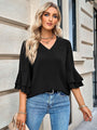 Jubilee Solid Color Loose V neck Ruffle Blouse - Vestir en Moda