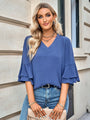 Jubilee Solid Color Loose V neck Ruffle Blouse - Vestir en Moda