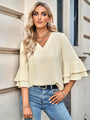 Jubilee Solid Color Loose V neck Ruffle Blouse - Vestir en Moda