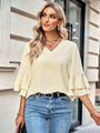 Jubilee Solid Color Loose V neck Ruffle Blouse - Vestir en Moda