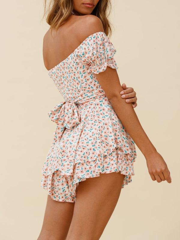 Julia Women Floral Print Off The Shoulder Puff Sleeves Rompers - Vestir en Moda