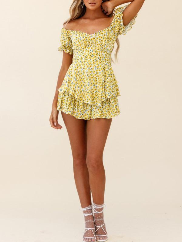 Julia Women Floral Print Off The Shoulder Puff Sleeves Rompers - Vestir en Moda