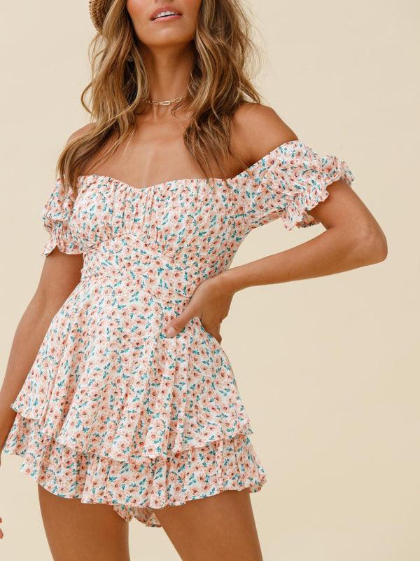 Julia Women Floral Print Off The Shoulder Puff Sleeves Rompers - Vestir en Moda