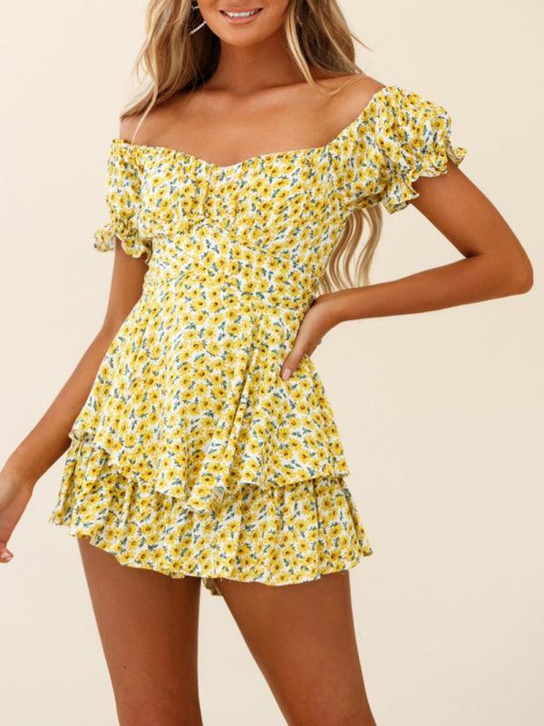 Julia Women Floral Print Off The Shoulder Puff Sleeves Rompers - Vestir en Moda