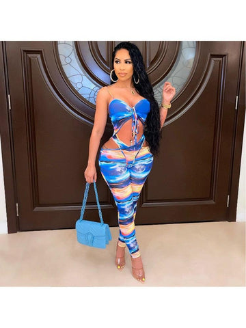 Justina Printed Hollowed Out Spaghetti Straps Jumpsuit