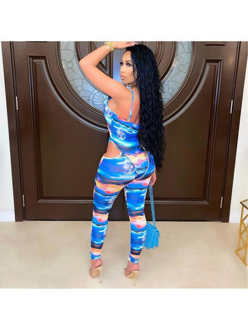 Justina Printed Hollowed Out Spaghetti Straps Jumpsuit