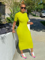 Kaitlyn Neon Yellow High Waist Wrap Round Neck Short Sleeve Mid Dress - Vestir en Moda