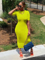 Kaitlyn Neon Yellow High Waist Wrap Round Neck Short Sleeve Mid Dress - Vestir en Moda