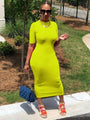 Kaitlyn Neon Yellow High Waist Wrap Round Neck Short Sleeve Mid Dress - Vestir en Moda