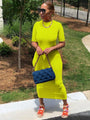 Kaitlyn Neon Yellow High Waist Wrap Round Neck Short Sleeve Mid Dress - Vestir en Moda