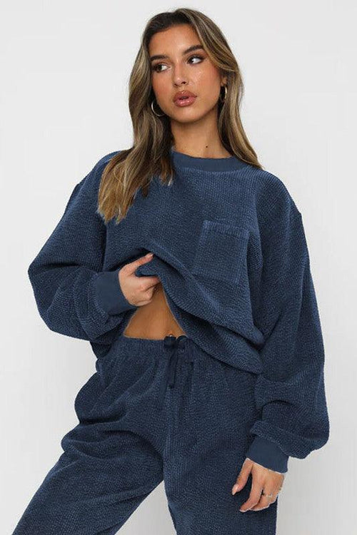 Karmala Elegant Round Neckline Navy Western Two Piece Corduriy Set - Vestir en Moda