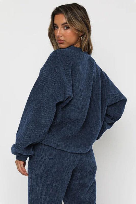 Karmala Elegant Round Neckline Navy Western Two Piece Corduriy Set - Vestir en Moda