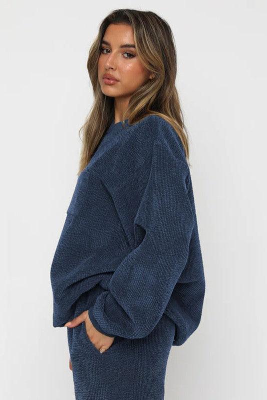 Karmala Elegant Round Neckline Navy Western Two Piece Corduriy Set - Vestir en Moda