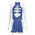 Katherine Women Sexy Halter Hollow Out Distressed Skinny Rompers - Vestir en Moda