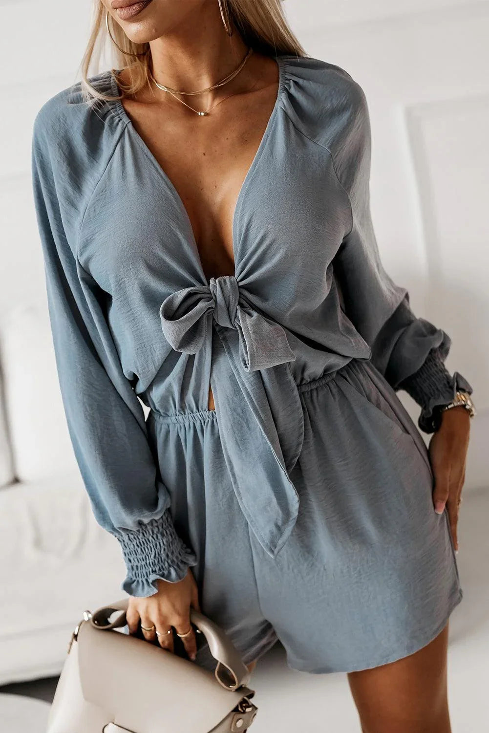 Kendry Tied Flounce Sleeve Plunge Rompers - Vestir en Moda
