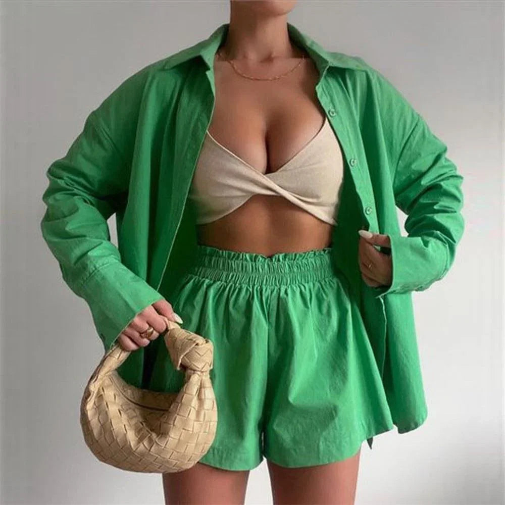 Kennedy Solid Color Breasted Long Sleeve Collared Loose Casual Set - Vestir en Moda