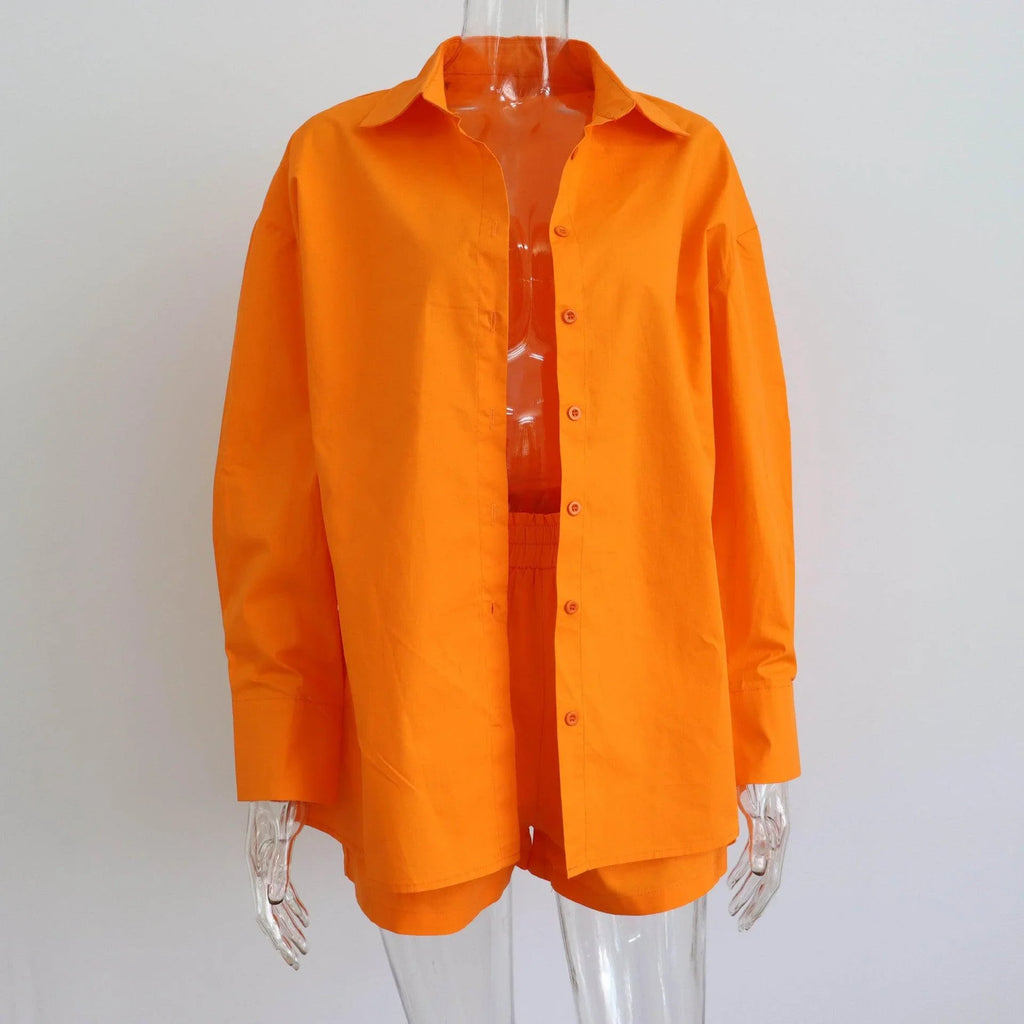 Kennedy Solid Color Breasted Long Sleeve Collared Loose Casual Set - Vestir en Moda