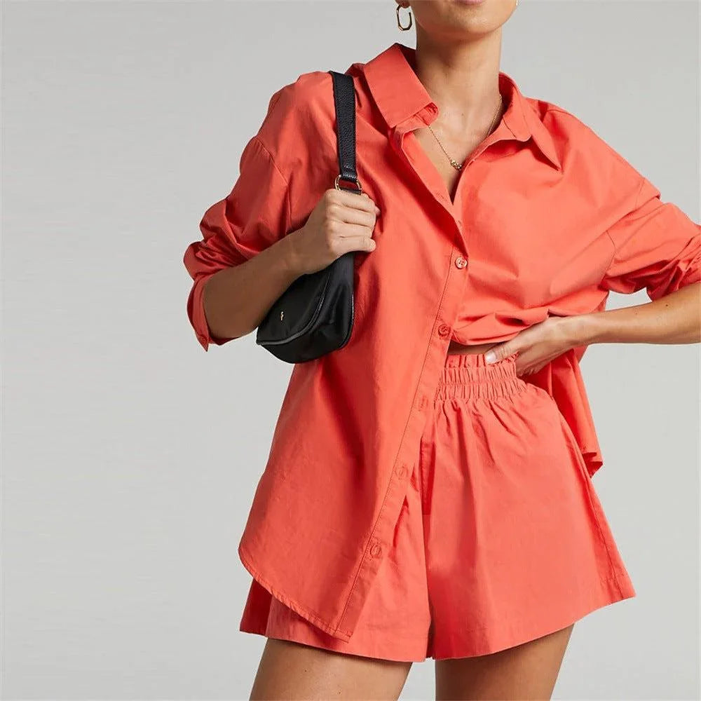 Kennedy Solid Color Breasted Long Sleeve Collared Loose Casual Set - Vestir en Moda