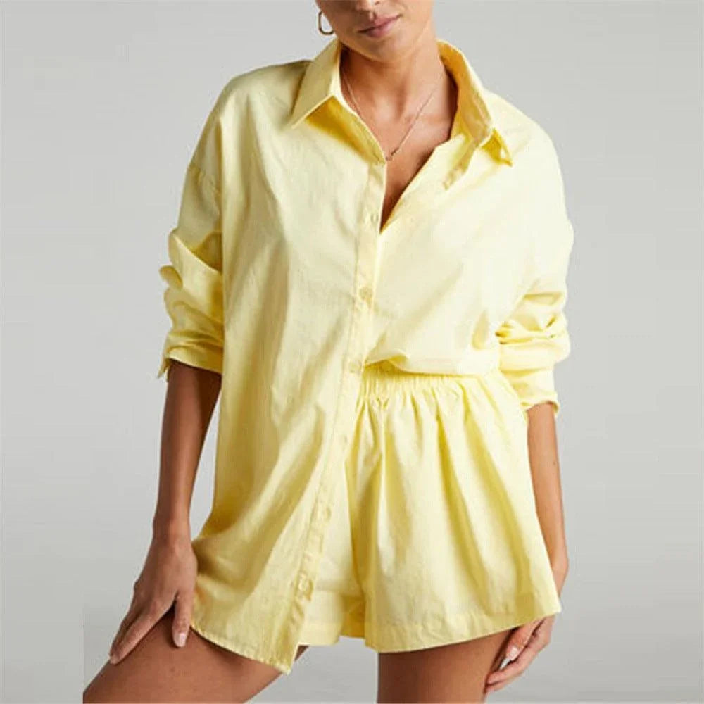 Kennedy Solid Color Breasted Long Sleeve Collared Loose Casual Set - Vestir en Moda