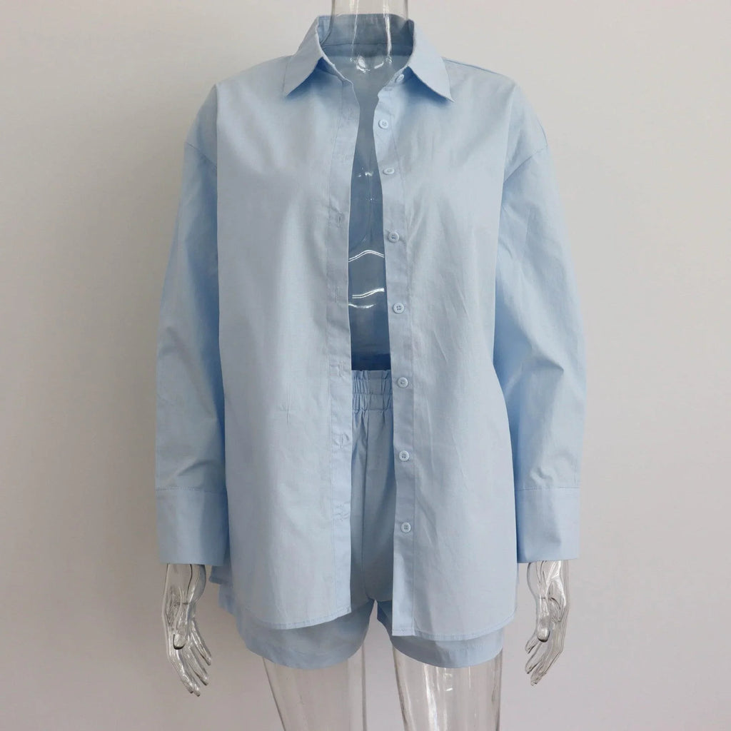 Kennedy Solid Color Breasted Long Sleeve Collared Loose Casual Set - Vestir en Moda