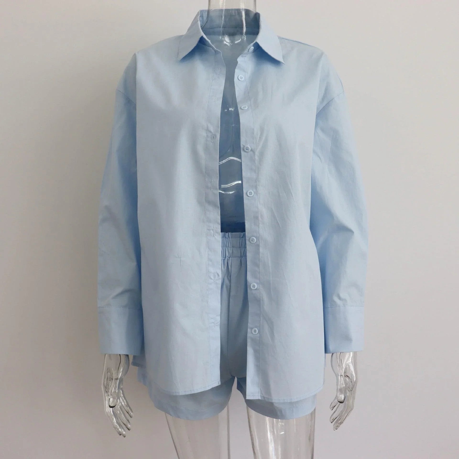 Kennedy Solid Color Breasted Long Sleeve Collared Loose Casual Set - Vestir en Moda