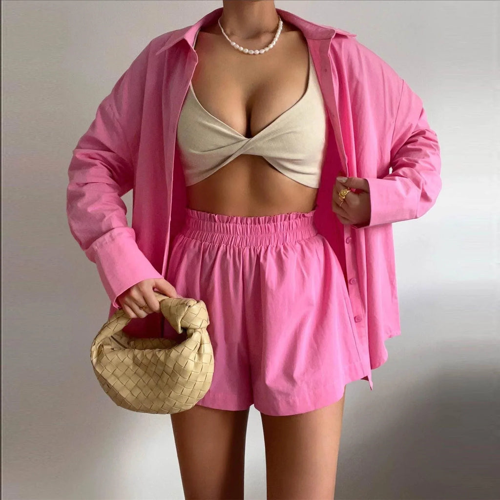 Kennedy Solid Color Breasted Long Sleeve Collared Loose Casual Set - Vestir en Moda