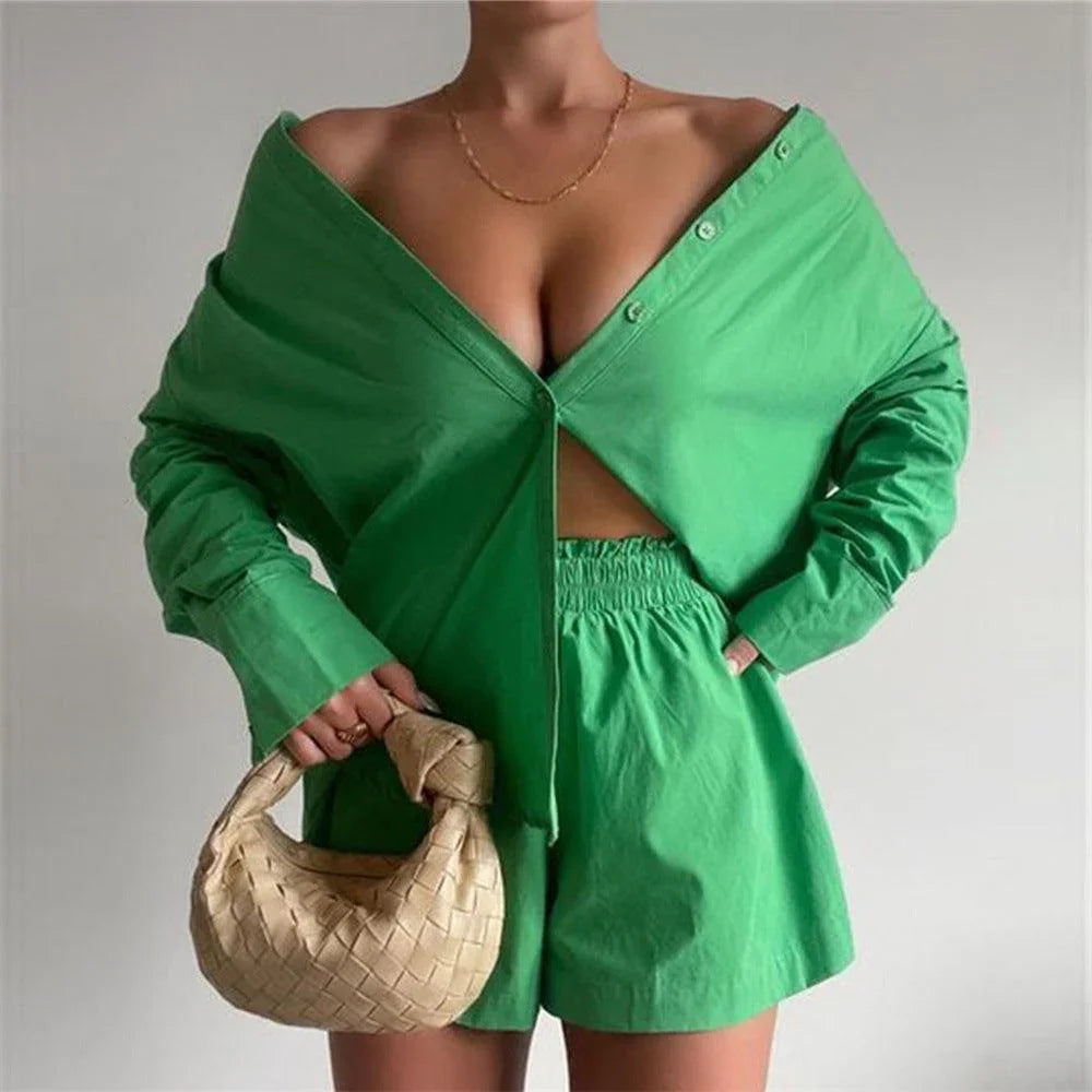 Kennedy Solid Color Breasted Long Sleeve Collared Loose Casual Set - Vestir en Moda